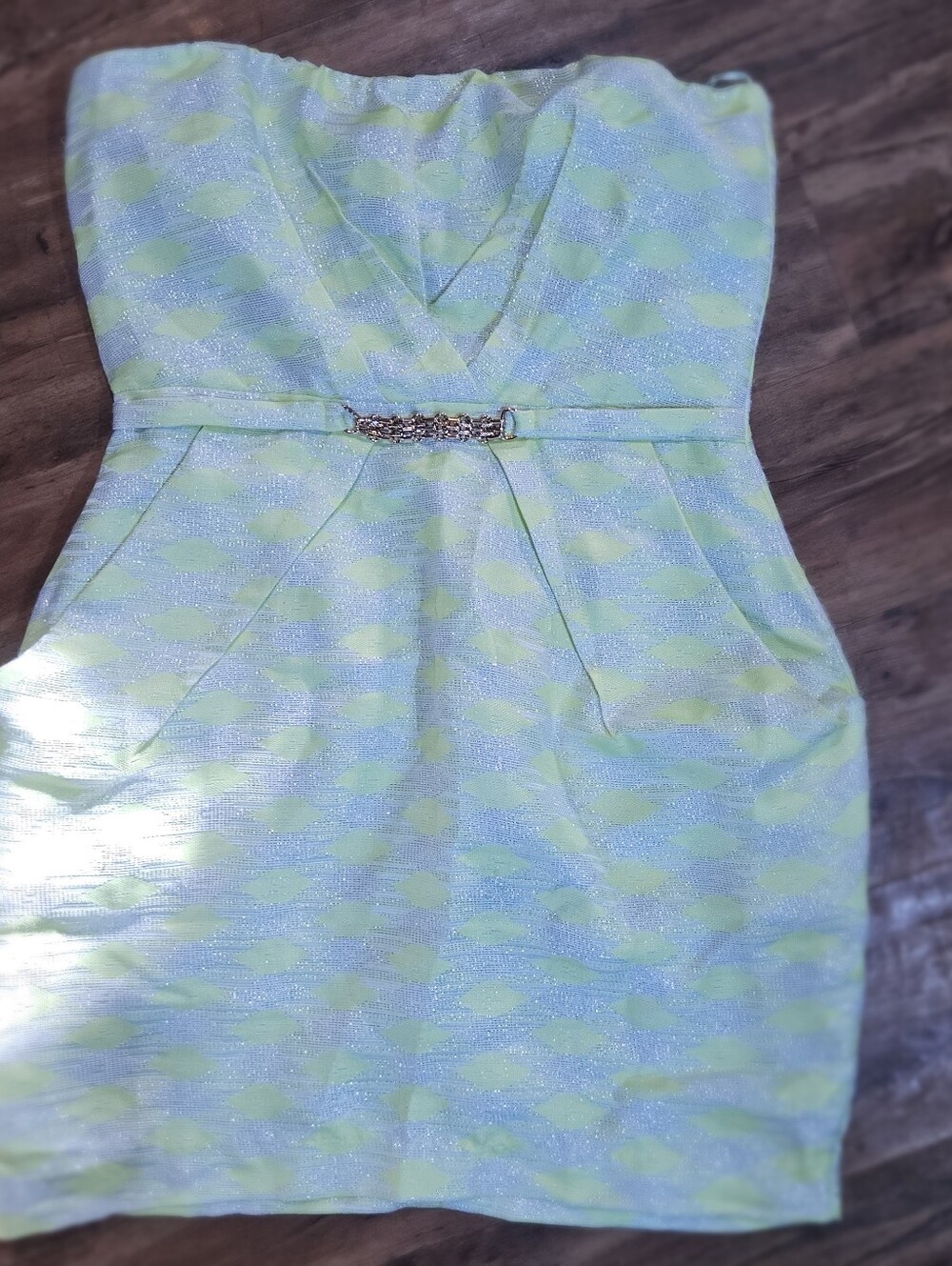 Posh Large Strapless Lime Green and Pale Blue Sheath Dress with Gold Accent
